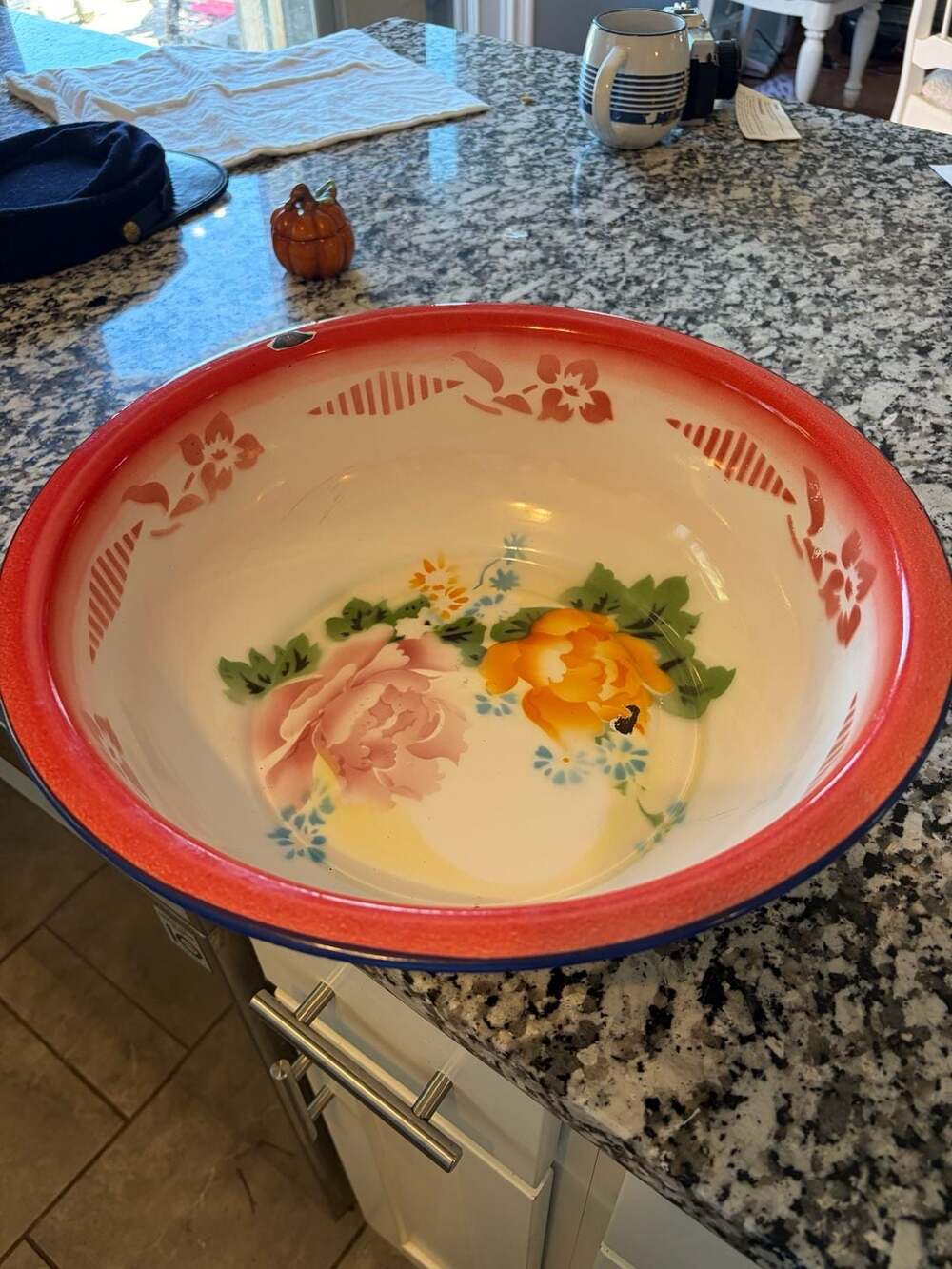 Vintage Butterfly Brand Enamelware Floral Basin Bowl Made in China